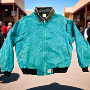 Vtg 90s Carhartt Santa Fe Bomber Jacket Mens Large Teal Corduroy Collared JQ2132